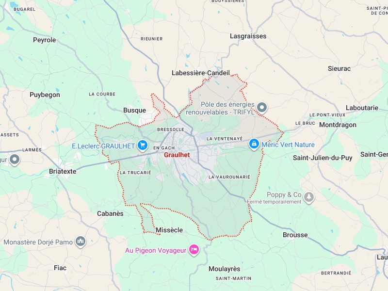 Carte centrée sur Graulhet avec zone délimitée, incluant E.Leclerc Graulhet, Busque, Montdragon et Pôle des énergies renouvelables - TRIFYL.