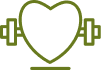 Icône vert olive d'un cœur avec un tracé d'électrocardiogramme (ECG) blanc, encadré par deux haltères, symbolisant la santé cardiaque et la musculation.
