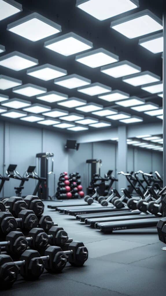 Intérieur de salle de sport moderne avec haltères noirs au premier plan, tapis de course alignés, et plafond lumineux à dalles carrées. On aperçoit un rack de médecine-balls rouges et noirs.
