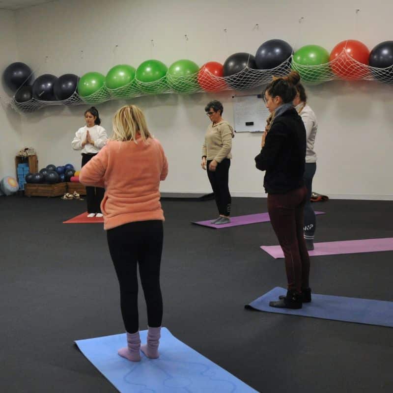 Cours de Yoga Collectif et Fitness pour Femmes en Studio Cours de yoga collectif avec femmes sur tapis de sol, ballons d'exercice colorés rangés en arrière-plan.
