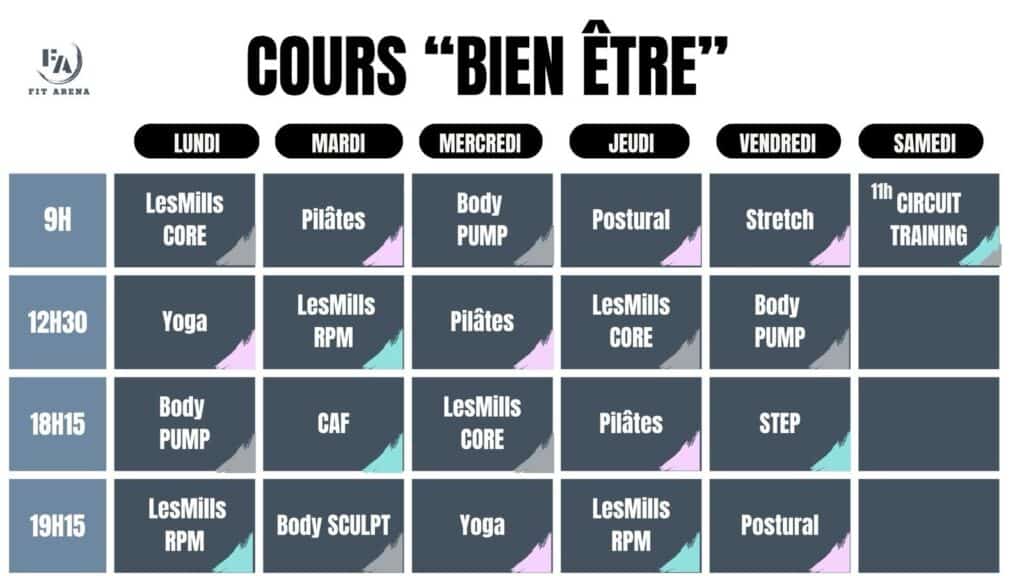 Planning des cours Bien-Être chez Fit Arena, salle de sport à Graulhet : Yoga, Pilates, Body Pump et RPM du lundi au samedi.