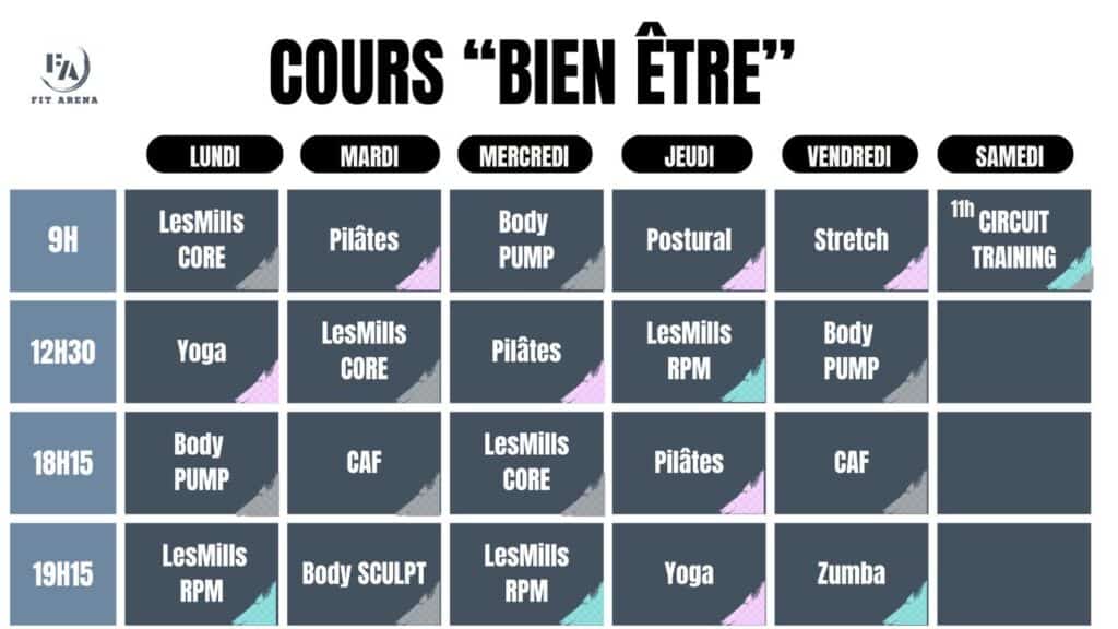 Planning hebdomadaire des cours Bien Être chez Fit Arena avec Yoga, Pilates et Body Pump du lundi au samedi.